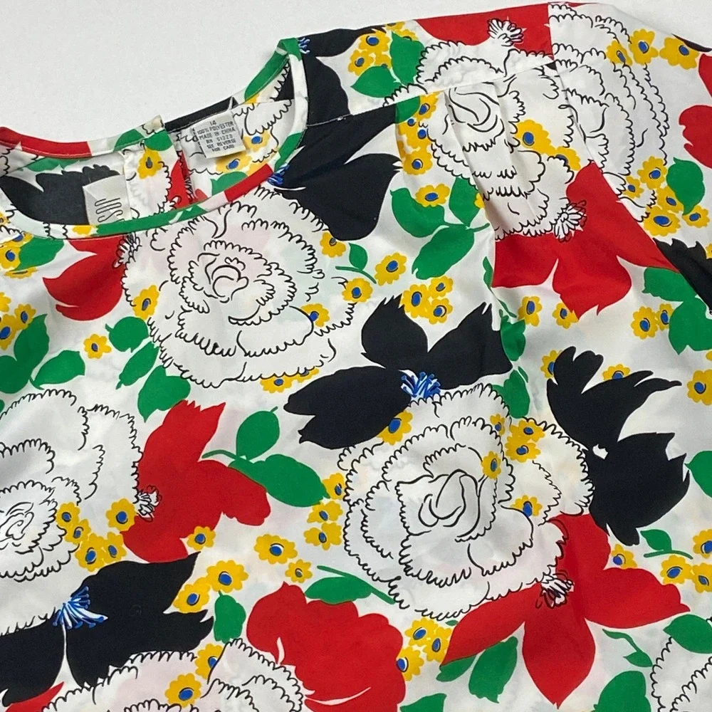 Josephine Vintage Floral Blouse Short Sleeve Shoulder Pads White Red Green Sz 14